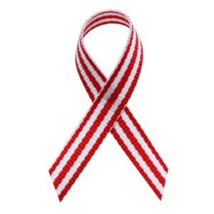 red and white pinstripes fabric awareness ribbons with safety pins, included, but not attached